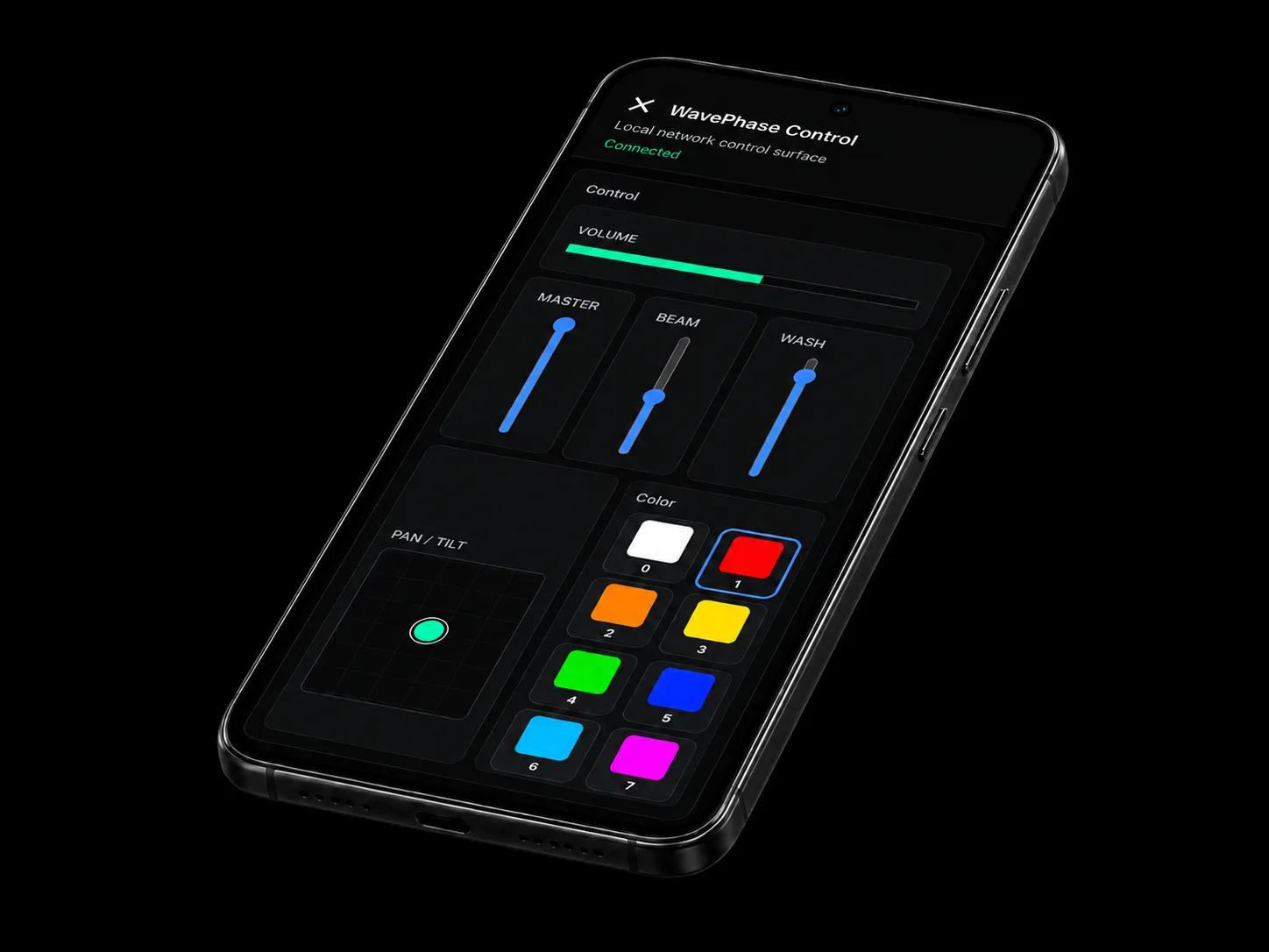 WavePhase Control on a phone — volume, faders, pan/tilt, and color palette.