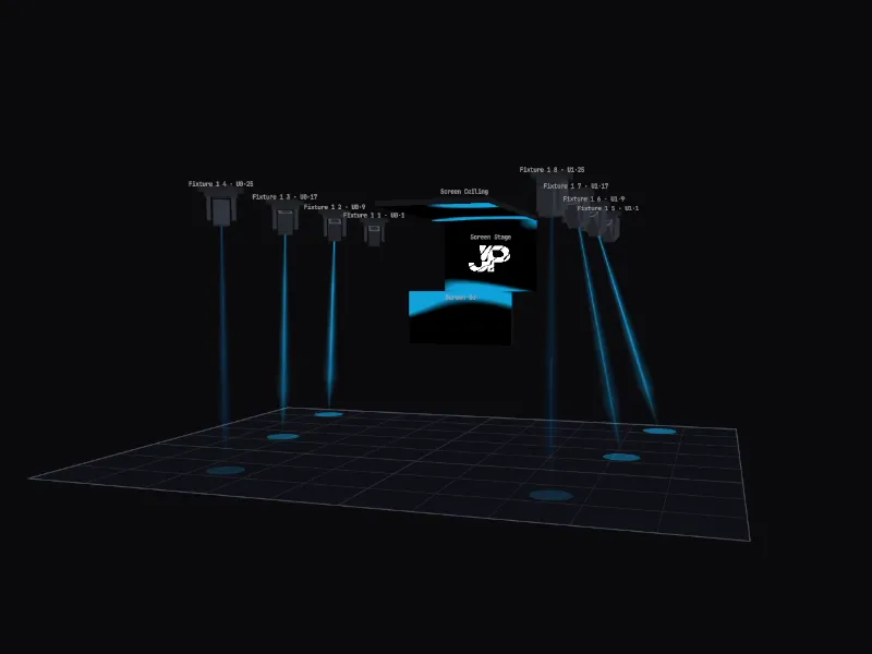 WavePhase Stage 3D with fixtures placed and beams previewed.