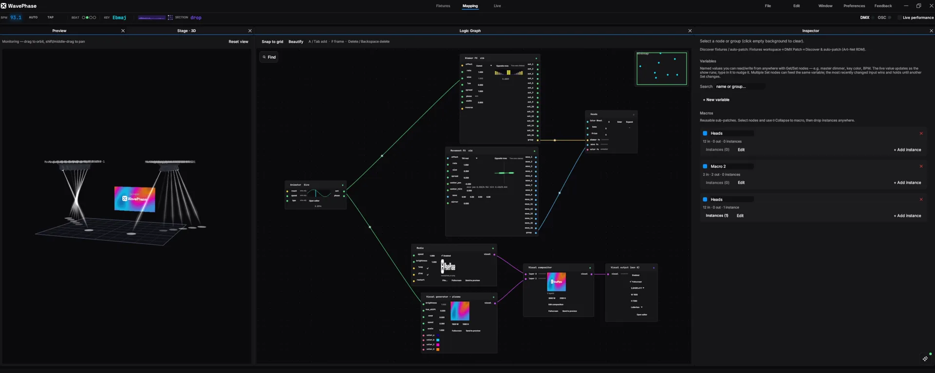 WavePhase Mapping workspace — Stage 3D beams with Dimmer/Scanner/Color FX node graph.
